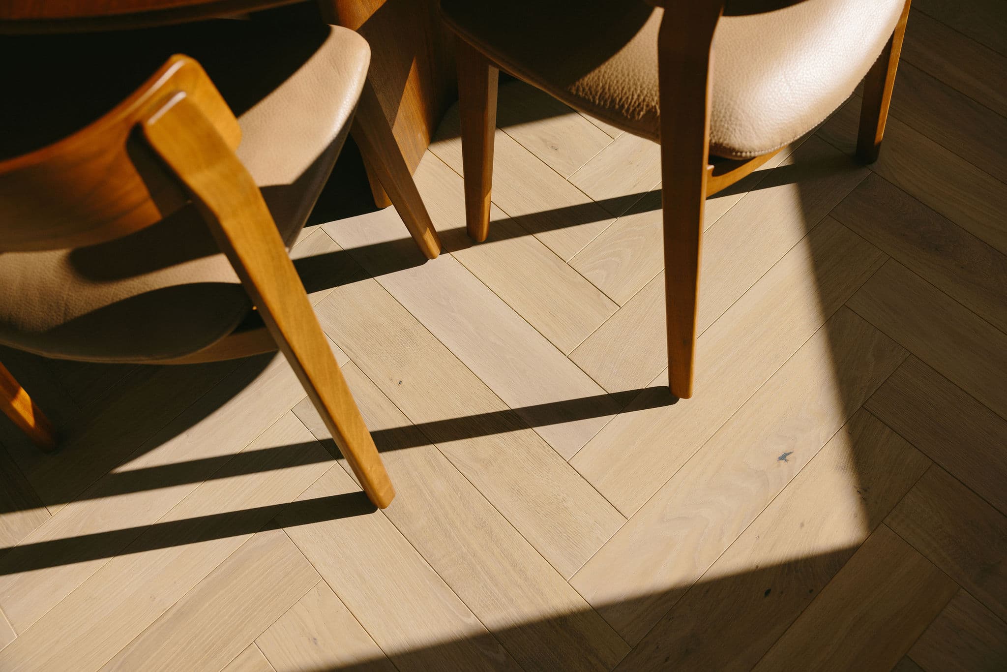 Sunlight across a European oak herringbone floor.