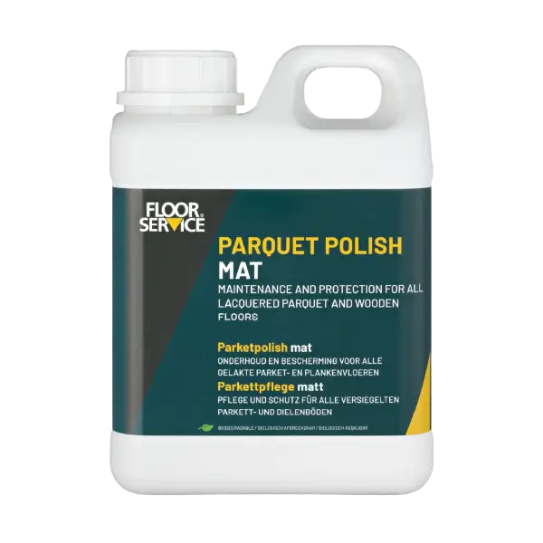 Floorservice Parquet Polish Mat bottle, a maintenance and protection polish for lacquered parquet and wooden floors.