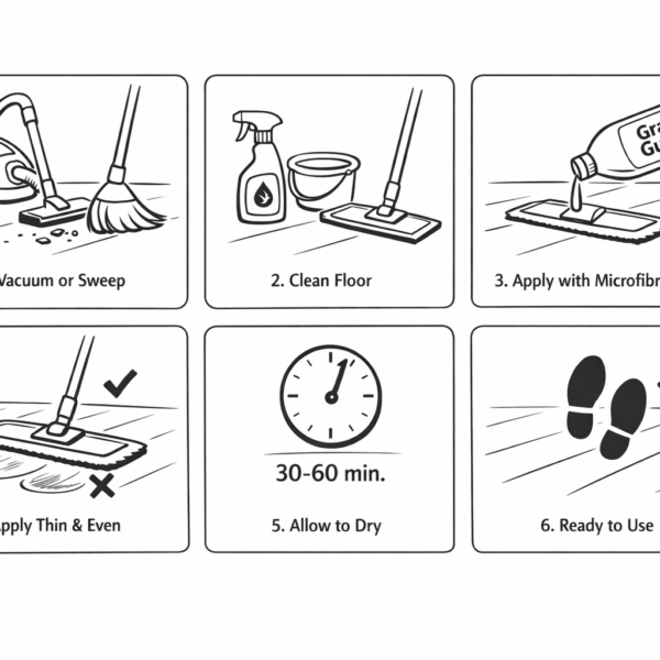 Step-by-step pictorial instructions showing how to apply GrainGuard to lacquered timber floors using a mop applicator.