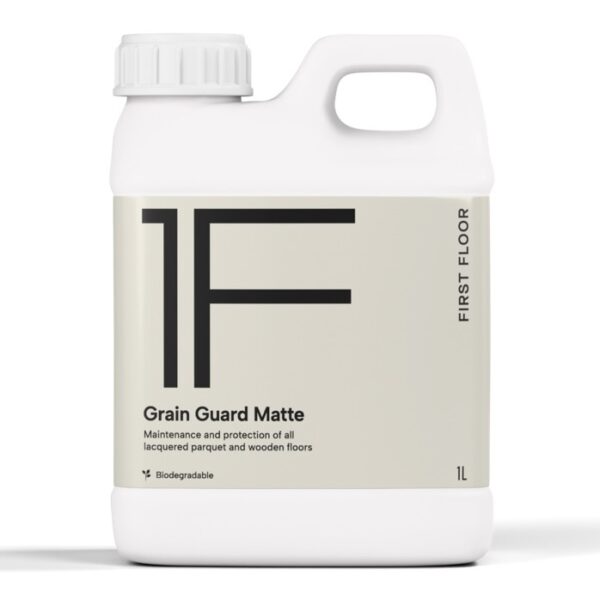 First Floor Grain Guard Matte protective coating for lacquered timber floors – 1L bottle (isolated packshot)