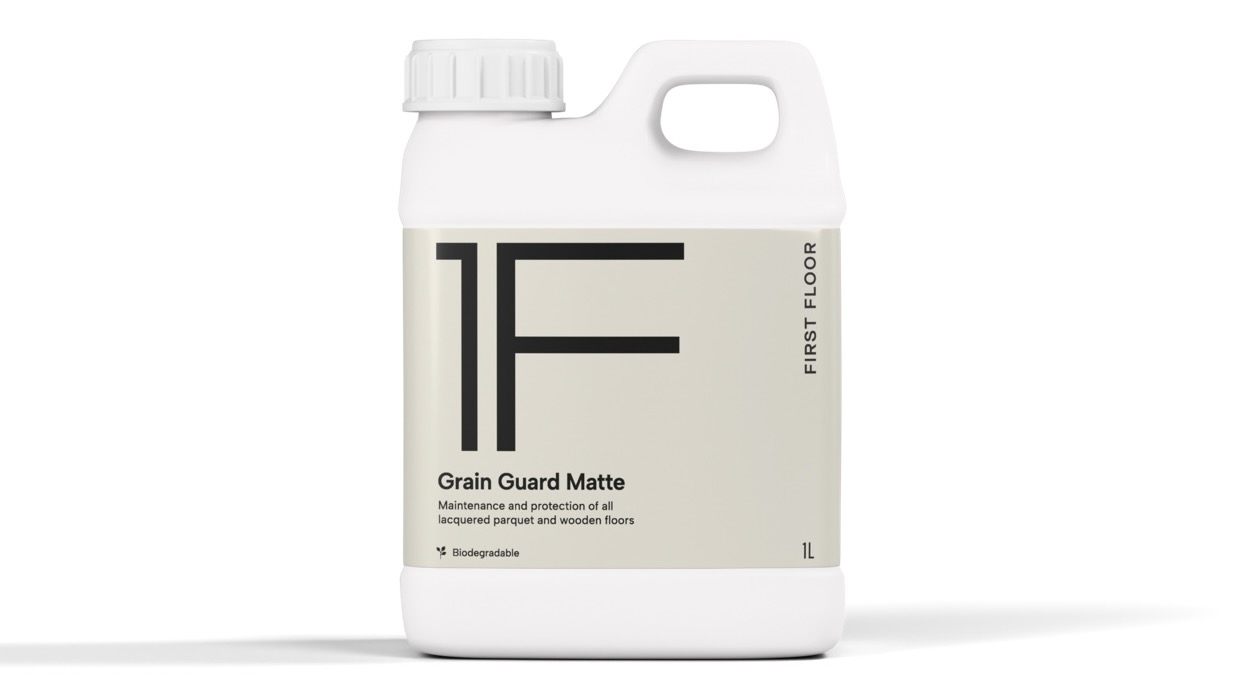 First Floor Grain Guard Matte protective coating for lacquered timber floors – 1L bottle (isolated packshot)