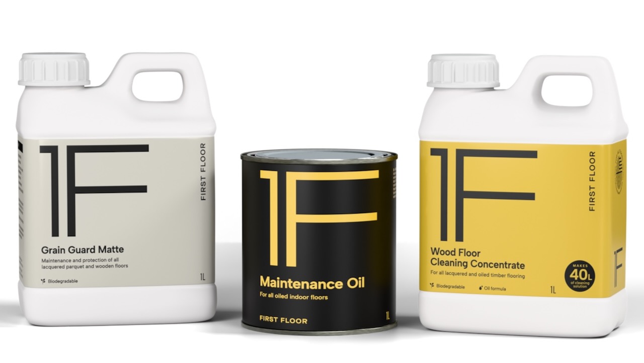 First Floor timber floor care range including Grain Guard Matte protective coating, Maintenance Oil, and Wood Floor Cleaning Concentrate