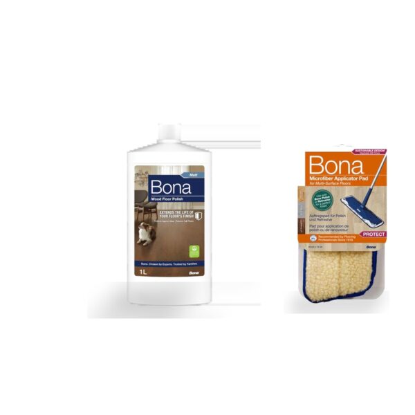 Bona Wood Floor Polish 1L with the Bona Microfibre Applicator Pad, a lacquered timber floor care bundle from FirstFloor New Zealand