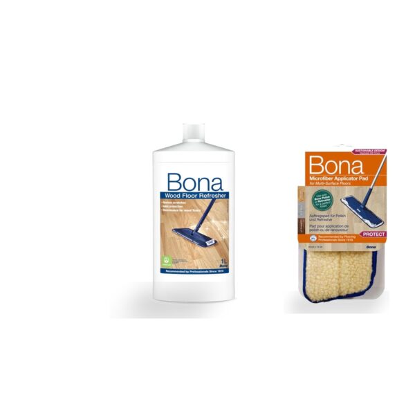 Bona Wood Floor Refresher 1L with the Bona Microfibre Applicator Pad, a lacquered timber floor care bundle from FirstFloor New Zealand