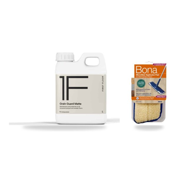 FirstFloor GrainGuard Matte lacquered floor protection 1L with Bona Microfibre Applicator Pad, a timber floor care bundle from FirstFloor New Zealand