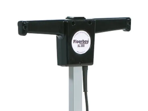 The FloorBoy XL-300's black T-bar handle, model badge and power cable at the top of the machine.