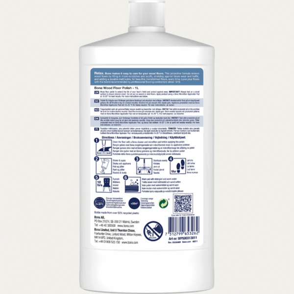 Bona Wood Floor Polish Matt 1 litre bottle, back of label with directions for use